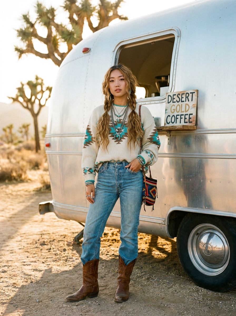 SKIPIKS AI时尚大片 — bohemian, vintage, casual — 베이지 톤의 니트 스웨터와 청바지로 완성된 룩은 자연스러우면서도 따뜻한 보헤미안 무드를 연출해보세요. 카우보이 부츠와 에스닉 패턴 백으로 포인트