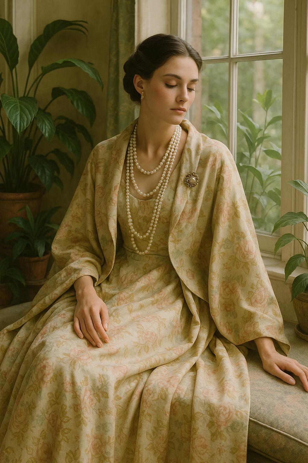 SKIPIKS AI fashion editorial — vintage, elegant, feminine — 부드러운 플로럴 패턴과 우아한 실루엣이 돋보이는 룩이에요. 진주 목걸이와 골드 액세서리가 클래식한 포인트를 더해줍니다. 가을의 데일리룩이나 중요