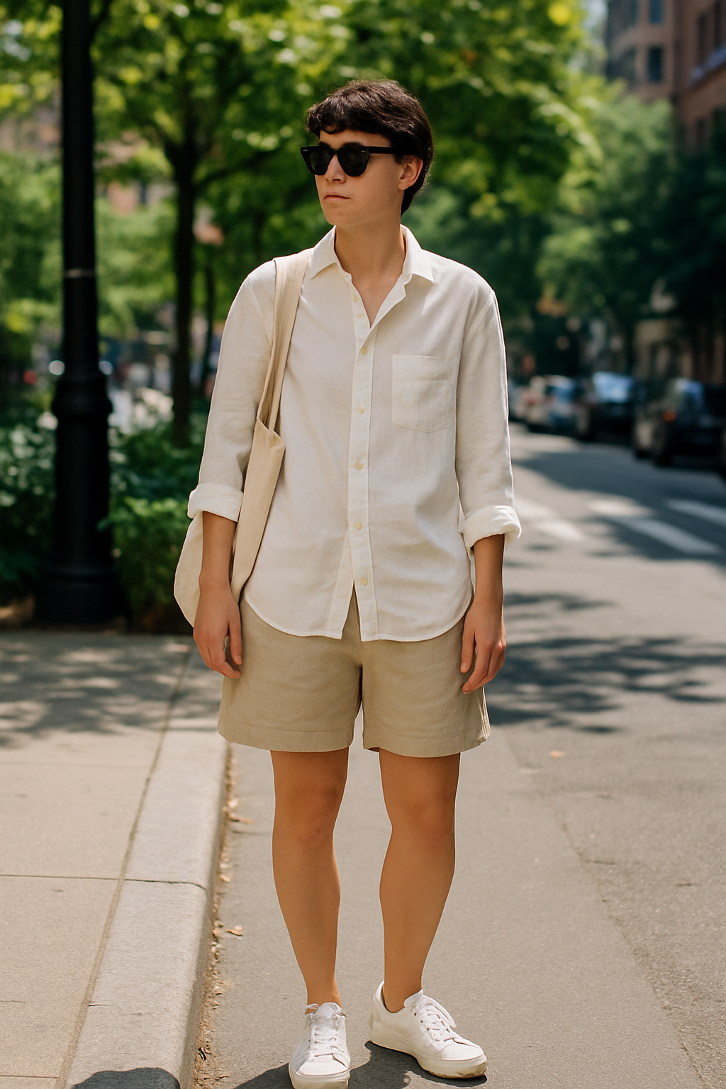 SKIPIKS AI fashion editorial — minimalist, casual, chic — 화이트 셔츠와 베이지 반바지의 조화가 돋보이는 깔끔한 여름 스타일이에요. 셔츠의 롤업 디테일과 크림색 숄더백으로 스타일의 포인트를 더해보세요. 