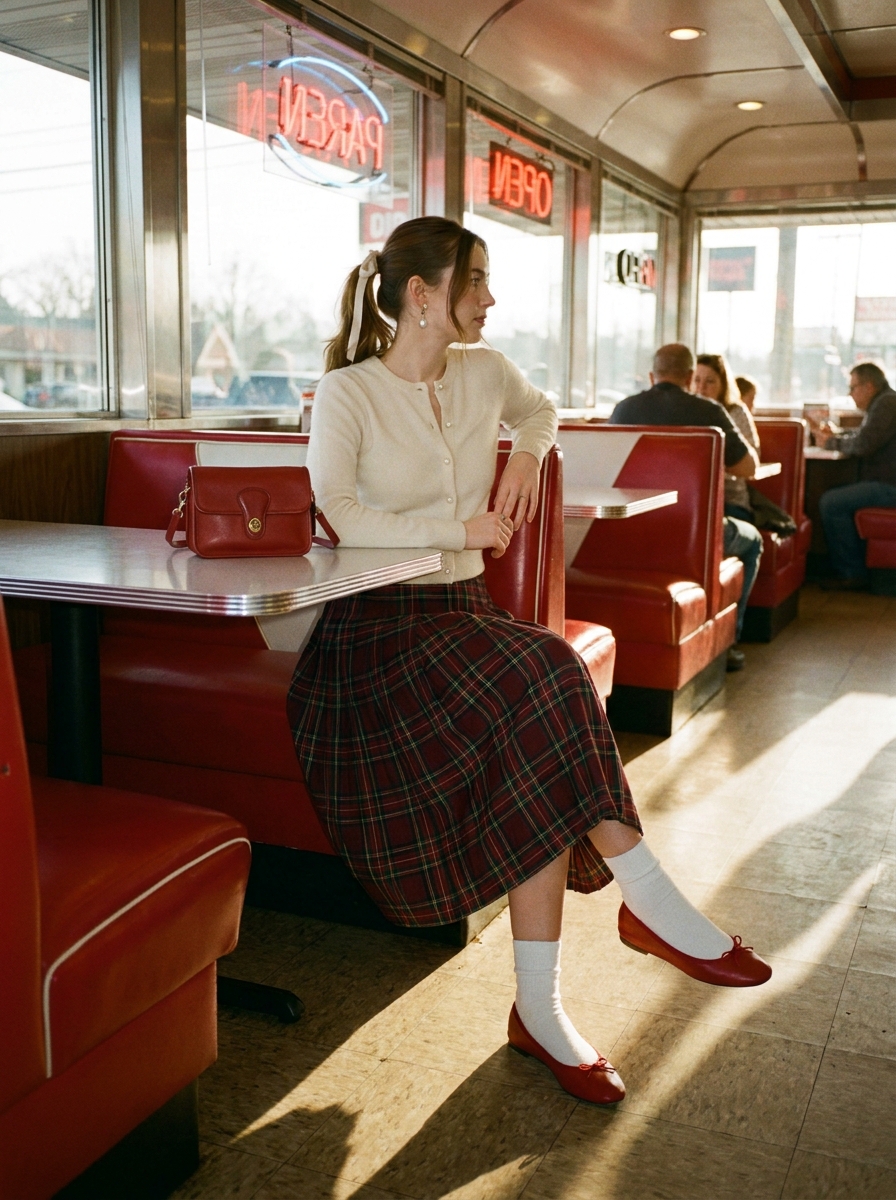 SKIPIKS AI 패션 화보 — vintage, feminine, preppy — 아이보리 가디건과 체크 무늬 스커트 조합이 레트로하고 우아한 분위기를 자아내요. 레드 플랫 슈즈와 가방으로 포인트를 주고, 진주 귀걸이로 여성스