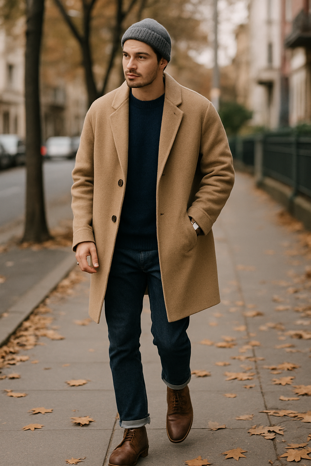 SKIPIKS AI fashion editorial — casual, classic — 부드러운 베이지 코트가 클래식한 매력을 더해주는 룩입니다. 네이비 스웨터와 진청 청바지로 코디해 캐주얼하면서도 세련된 스타일을 완성해보세요. 브