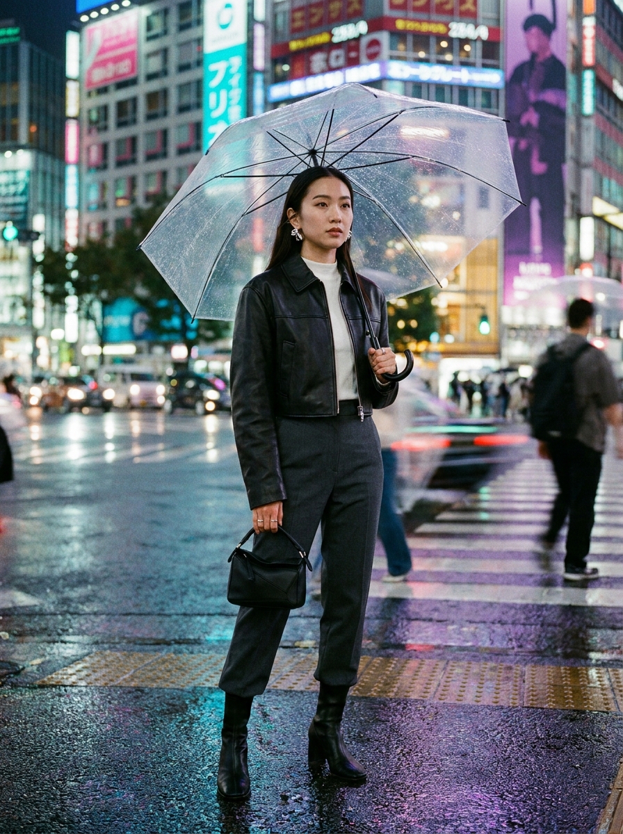 SKIPIKS AI 패션 화보 — chic, modern, urban — 블랙 가죽 자켓과 차콜 슬랙스의 조합으로 도시적이고 세련된 느낌이 돋보여요. 투명 우산으로 비 오는 날씨에도 스타일을 놓치지 않는 모습이 인상적