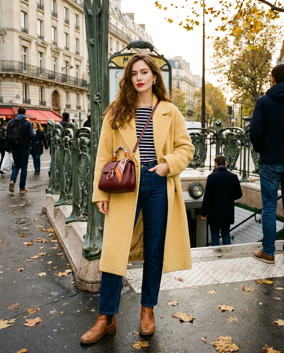 SKIPIKS AI 패션 화보 — chic, french, casual — 노란색 코트와 버건디 가방이 포인트인 시크한 가을 룩이에요. 스트라이프 티셔츠와 청바지가 캐주얼하면서도 스타일리시한 느낌을 줍니다. 이 스타일은