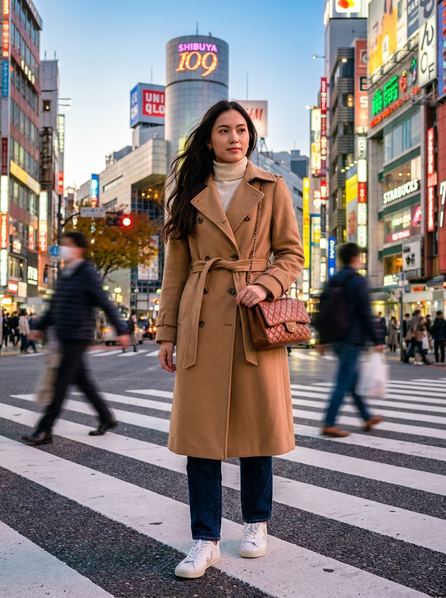 SKIPIKS AI 패션 화보 — chic, urban — 베이지 트렌치코트와 크림 터틀넥이 어우러져 세련된 도시적 무드를 자아냅니다. 클래식한 청바지와 스니커즈로 캐주얼함을 더하고, 브라운 숄더백으로 