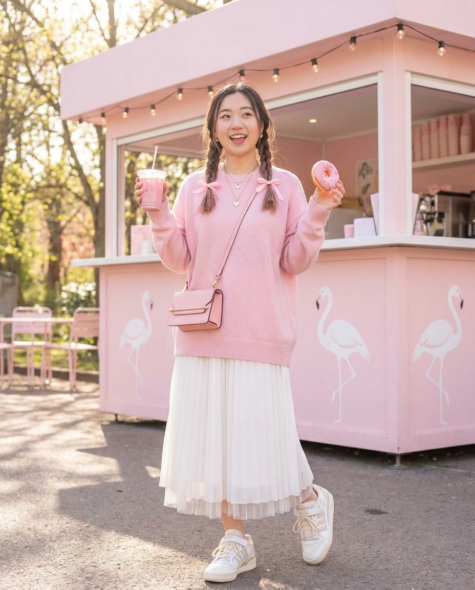 SKIPIKS AI fashion editorial — feminine, cute — 부드러운 핑크와 화이트의 조합으로 완성된 러블리한 룩이에요. 플리츠 스커트와 오버사이즈 핑크 스웨터가 편안하면서도 여성스러운 실루엣을 연출합니다