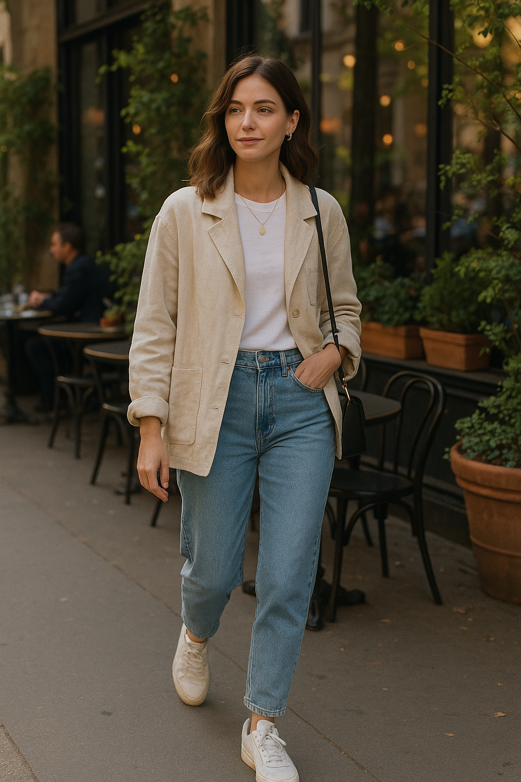 SKIPIKS AI 패션 화보 — casual, minimalist, streetwear — 내추럴한 베이지 톤의 재킷과 화이트 티셔츠가 매치되어 부드러운 무드를 자아냅니다. 빈티지한 청바지와 화이트 스니커즈로 편안하면서도 세련된 룩이 