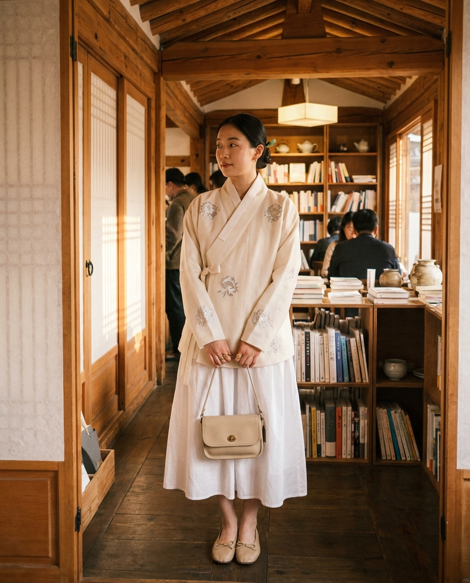 SKIPIKS AI 패션 화보 — traditional, elegant, minimalist — 부드러운 베이지 톤의 저고리가 우아한 분위기를 완성해주는 룩이에요. 롱 화이트 스커트와 매치해 클래식한 무드를 더해보세요. 봄날의 데이트나 카페