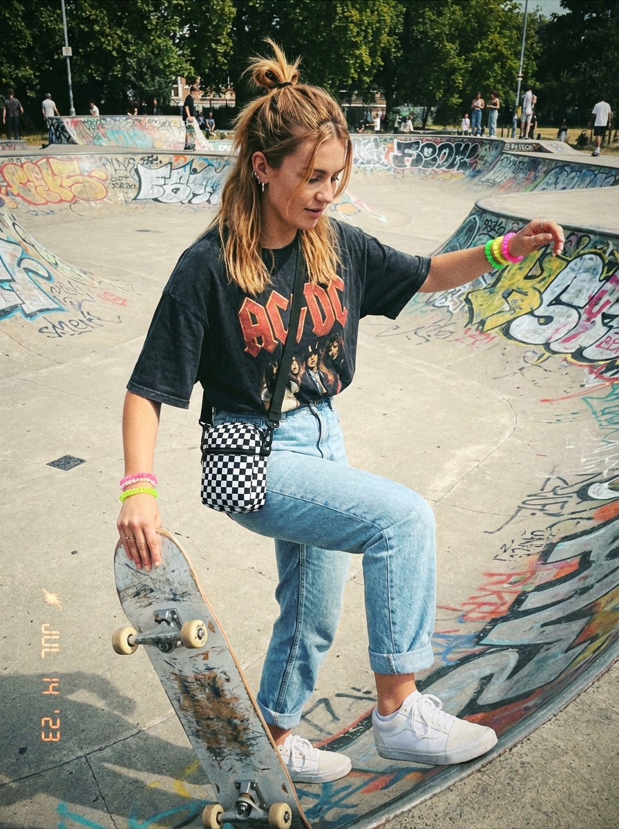 SKIPIKS AI fashion editorial — streetwear, casual, vintage — 빈티지 감성이 물씬 풍기는 밴드 티셔츠와 연청 데님의 매치가 스트리트 감성을 더해줍니다. 체커 백과 컬러 팔찌로 포인트를 주어 개성 있는 스타일