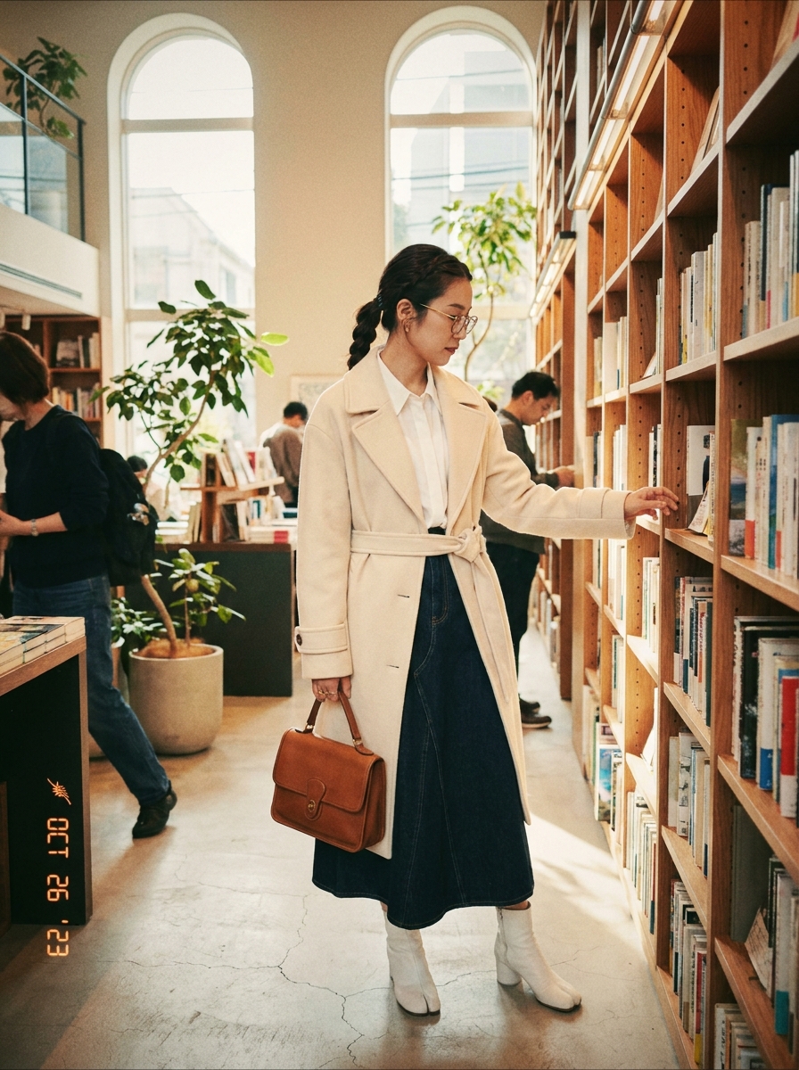SKIPIKS AI fashion editorial — classic, chic — 따뜻한 베이지 트렌치코트와 진청 치마가 고급스러우면서도 클래식한 무드를 완성합니다. 브라운 핸드백을 매치하면 더욱 세련된 스타일링이 가능해요. 
