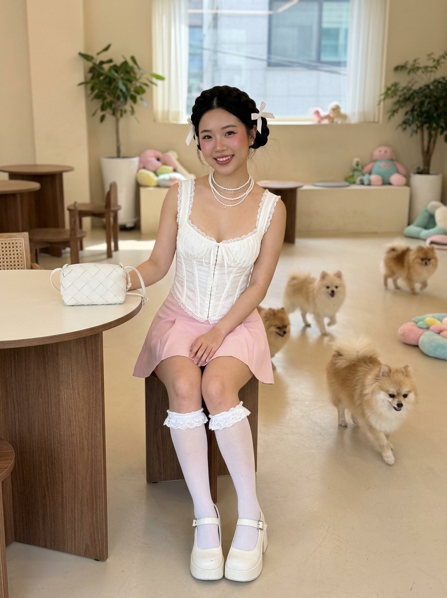 SKIPIKS AIファッション写真 — feminine, retro — 화이트와 핑크의 사랑스러운 조화가 돋보이는 룩이에요. 레이스 디테일의 코르셋과 플레어 스커트가 로맨틱한 분위기를 더해줍니다. 진주 목걸이와 매치