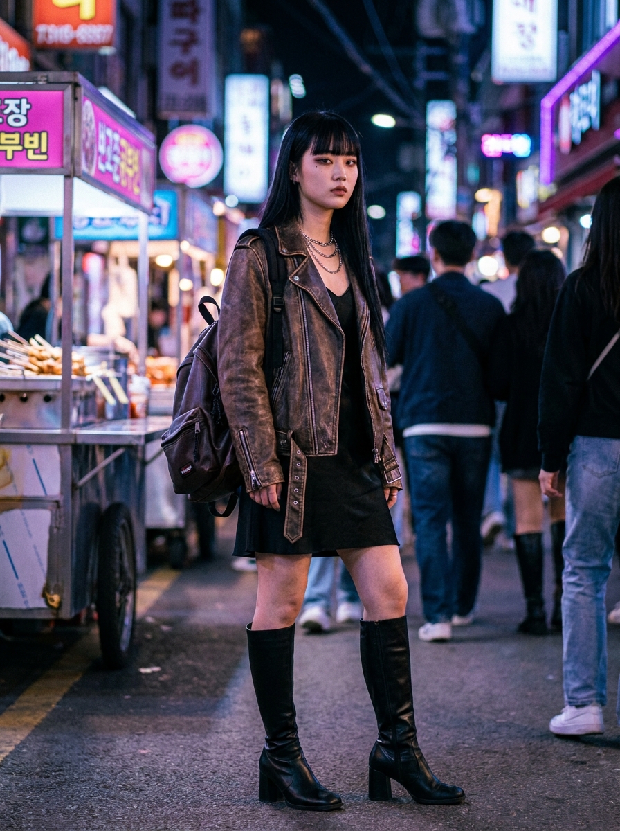 SKIPIKS AIファッション写真 — streetwear, edgy — 이 스트리트룩은 갈색 가죽 재킷과 검은 드레스로 시크한 분위기를 연출해요. 롱부츠로 전체적으로 매니시하면서도 멋스러운 무드를 완성하는데, 소박한