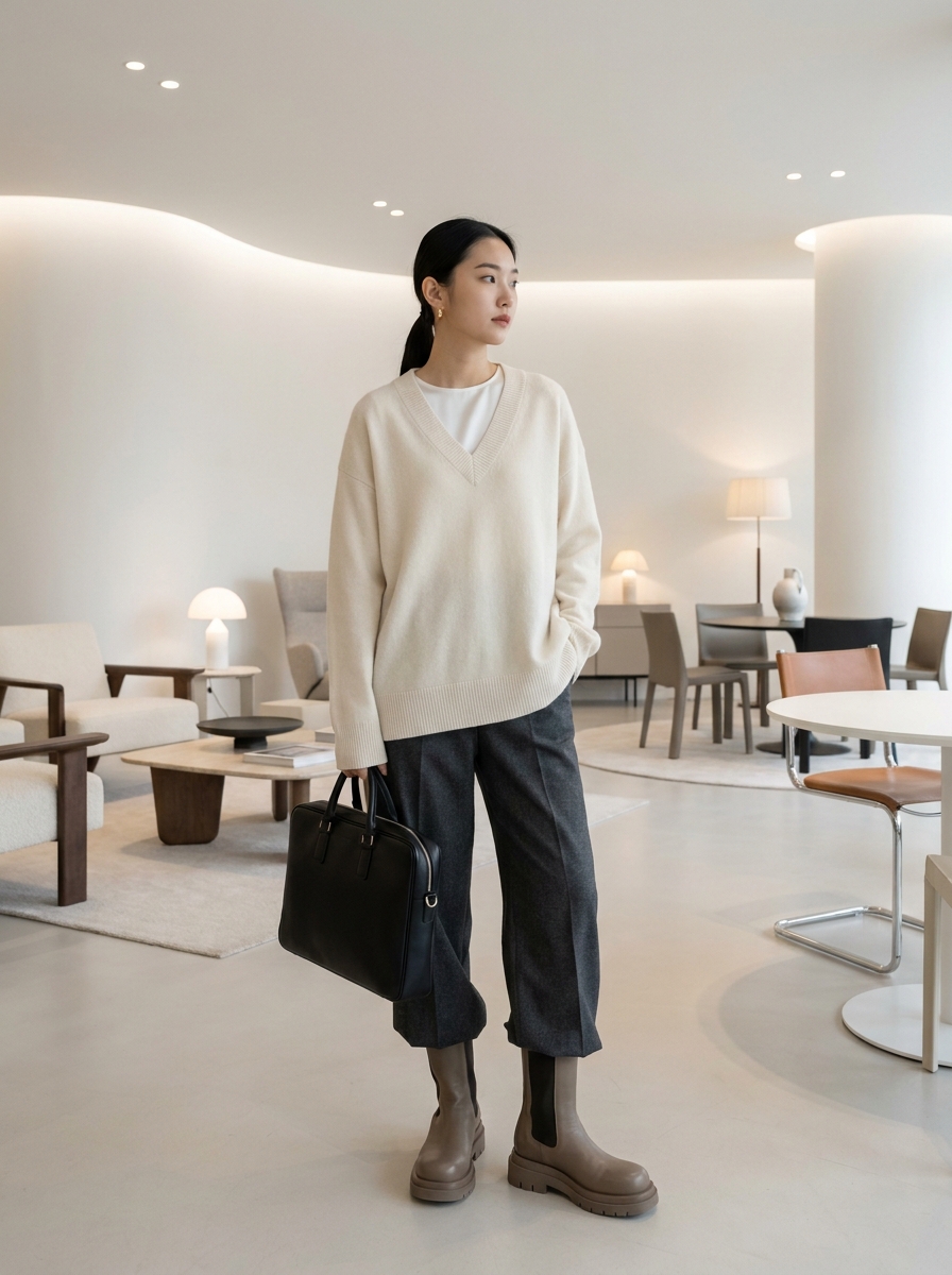 SKIPIKS AIファッション写真 — minimalist, chic — 크림 컬러의 브이넥 스웨터와 차콜 슬랙스로 고급스러우면서도 편안한 분위기를 연출해보세요. 브라운 첼시 부츠와 블랙 토트백으로 스타일의 균형을 맞