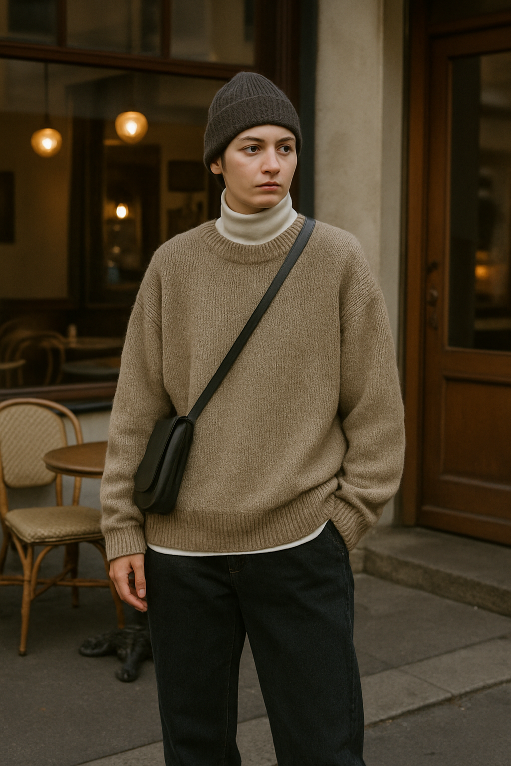 SKIPIKS AI 패션 화보 — casual, cozy — 베이지 니트 스웨터와 화이트 폴라넥 티셔츠가 따뜻하면서도 편안한 느낌을 주는 룩이에요. 블랙 바지와 블랙 숄더백으로 깔끔함을 더해보세요. 가을 
