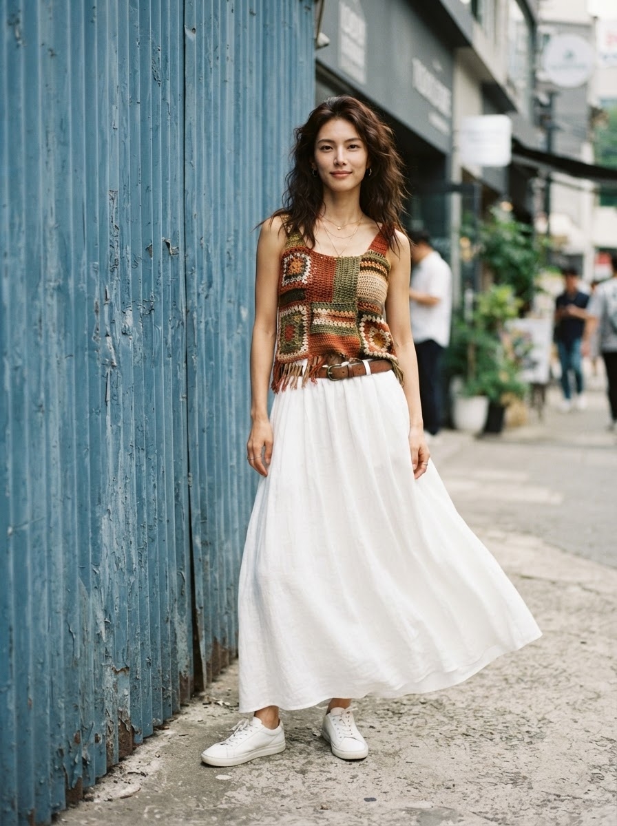 SKIPIKS AI时尚大片 — bohemian, casual — 자유로운 보헤미안 무드가 가득한 멀티컬러 니트 탑이 시선을 사로잡습니다. 화이트 롱 스커트와 매치하여 가벼우면서도 여유로운 스타일을 완성해보세요