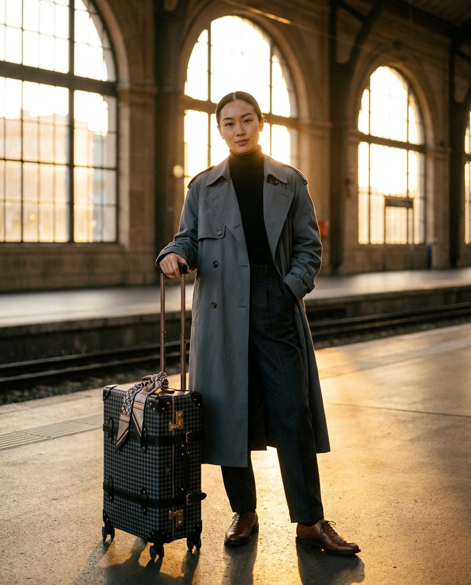 SKIPIKS AI fashion editorial — classic, chic, modern — 툇마루 같은 배경과 어우러진 차분한 회색 트렌치코트가 클래식하면서도 모던한 무드를 연출해요. 검정색 폴라넥과 브라운 드레스 슈즈로 세련된 감성을