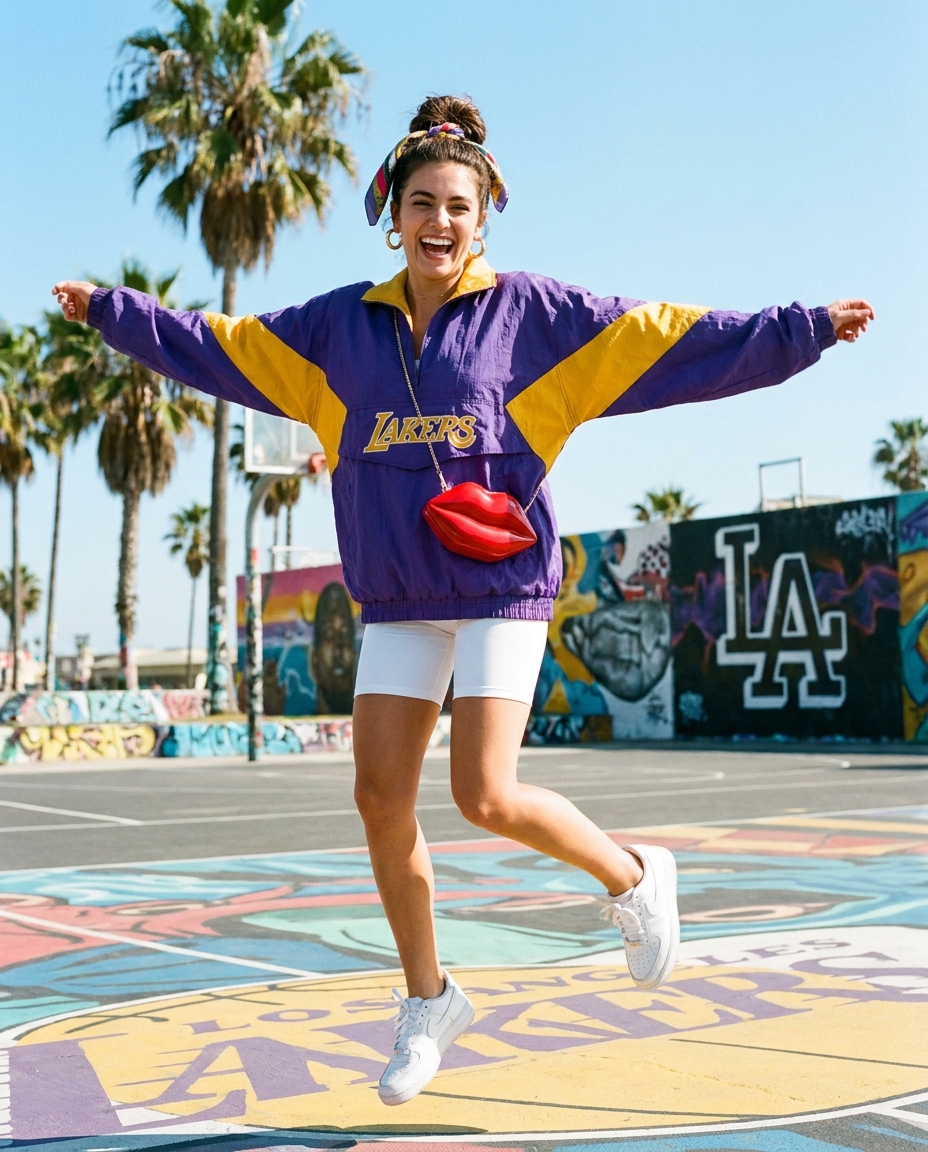 SKIPIKS AI时尚大片 — retro, sporty, streetwear — 보라와 노랑의 강렬한 대비가 돋보이는 레트로 무드를 완성해보세요. 헤드밴드와 허리 가방으로 포인트를 주고, 편안한 운동화와 매치해 스포티하면서도