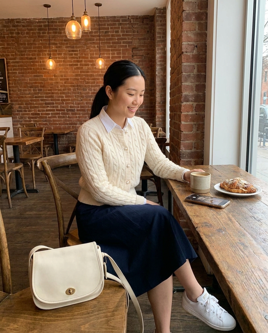 SKIPIKS AI时尚大片 — classic, casual — 따뜻한 느낌의 클래식한 무드를 연출한 가디건 룩입니다. 크림색 니트 가디건에 화이트 셔츠를 레이어드하고, 네이비 스커트로 우아함을 더했어요. 산