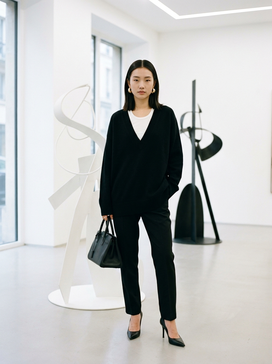 SKIPIKS AI时尚大片 — minimalist, chic, modern — 차분하면서도 세련된 올블랙 룩이 멋스러운 무드를 연출하네요. 여유로운 핏의 브이넥 스웨터가 편안함을 주고, 슬랙스와 매치하여 도시적 감성을 강조
