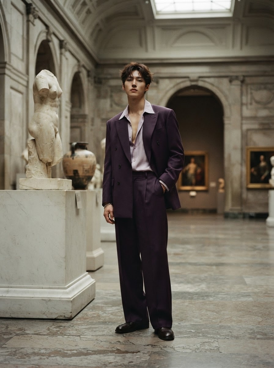 SKIPIKS AI 패션 화보 — sophisticated, classic — 은은한 보라색 컬러가 돋보이는 클래식한 룩이에요. 셔츠와 블레이저의 조화로 세련된 비즈니스 캐주얼 스타일을 연출해보세요. 미술관이나 전시회 같은