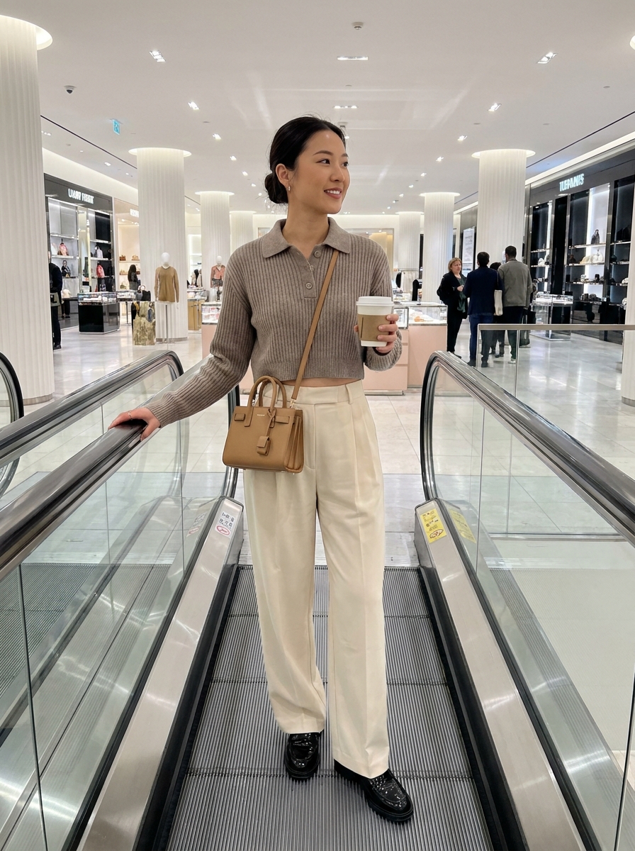 SKIPIKS AI 패션 화보 — minimalist, chic — 세련된 니트 스웨터와 와이드 팬츠가 만나 편안하면서도 고급스러운 분위기를 완성합니다. 베이지와 아이보리 컬러의 조화가 우아함을 더하며, 브라운 
