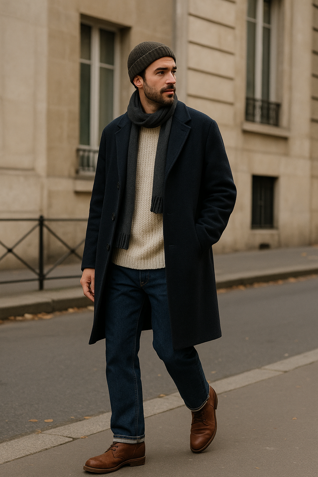 SKIPIKS AI fashion editorial — casual, streetwear, layered — 네이비 코트와 베이지 스웨터의 조화가 세련된 겨울 패션을 완성합니다. 코트와 같은 톤의 머플러를 함께 매치해 보온성을 높이고, 편안한 청바지와 