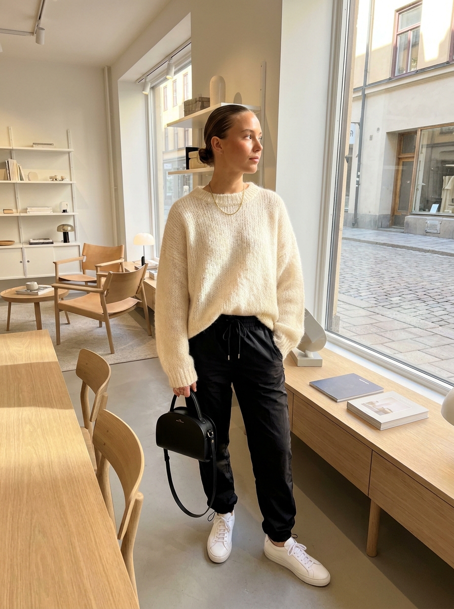 SKIPIKS AI 패션 화보 — minimalist, casual — 크림색 니트가 포근한 분위기를 연출하며, 블랙 조거 팬츠와 함께 편안한 실루엣을 완성합니다. 골드 목걸이와 미니 백을 매치해 세련된 포인트를 더