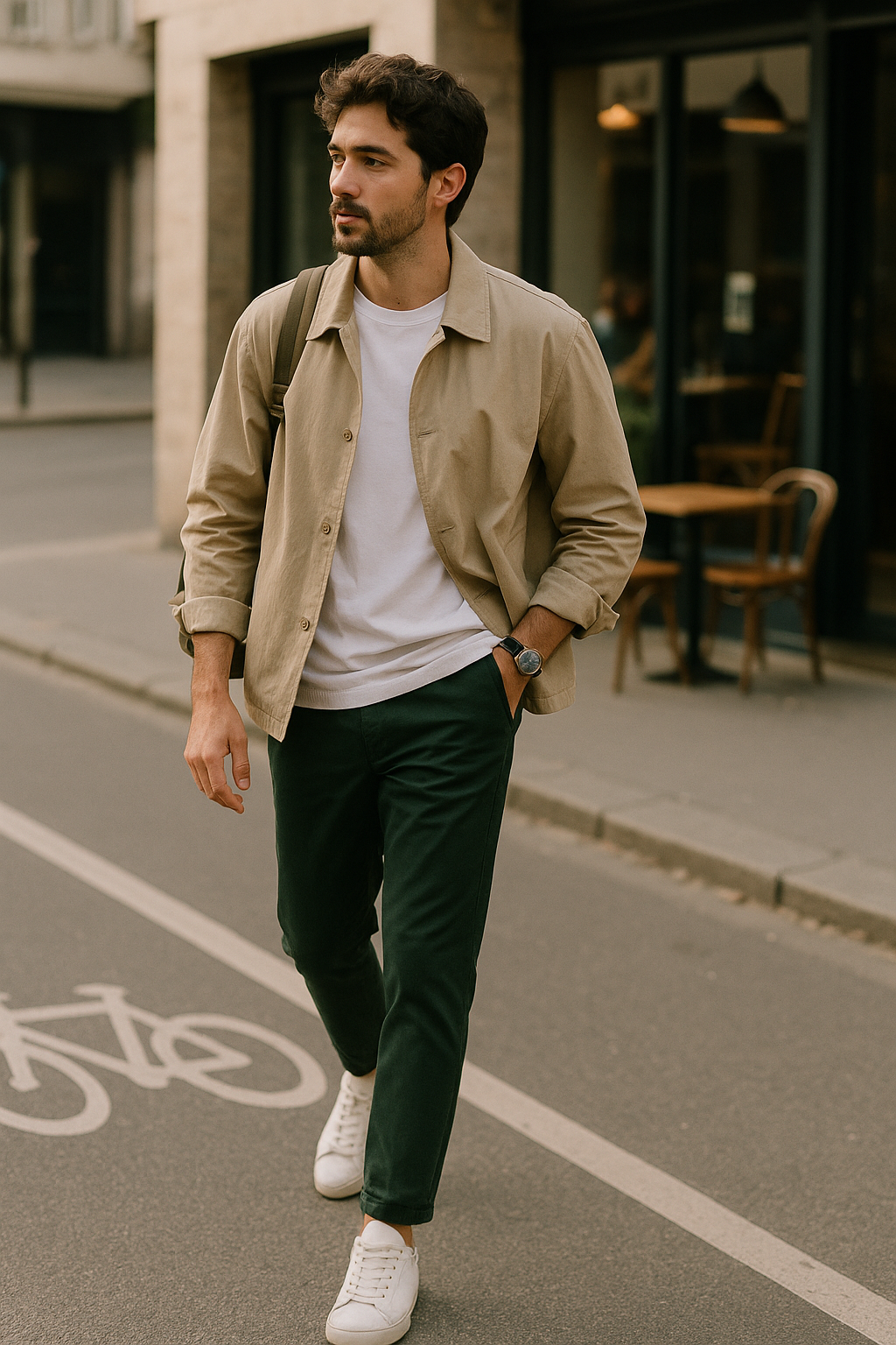 SKIPIKS AI 패션 화보 — minimalist, casual — 베이지 셔츠 재킷과 흰 티셔츠의 조화가 따뜻한 감성을 연출합니다. 검정 바지로 차분한 느낌을 주며, 흰 스니커즈로 경쾌한 포인트를 줘보세요. 가