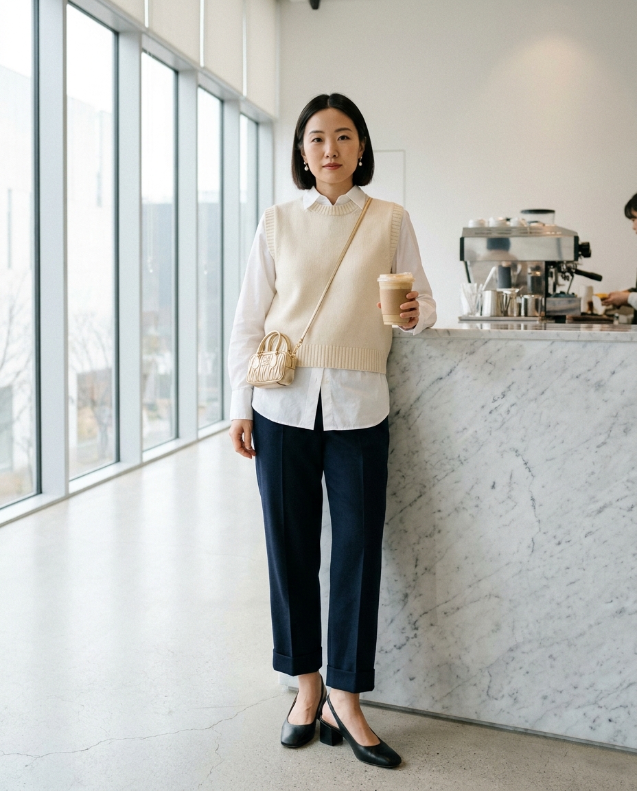 SKIPIKS AI fashion editorial — minimalist, preppy, modern — 크림색 니트 베스트와 화이트 셔츠의 조화가 깔끔하면서도 우아한 분위기를 연출해줍니다. 네이비 팬츠와 블랙 구두를 매치하여 모던하면서도 세련된 스