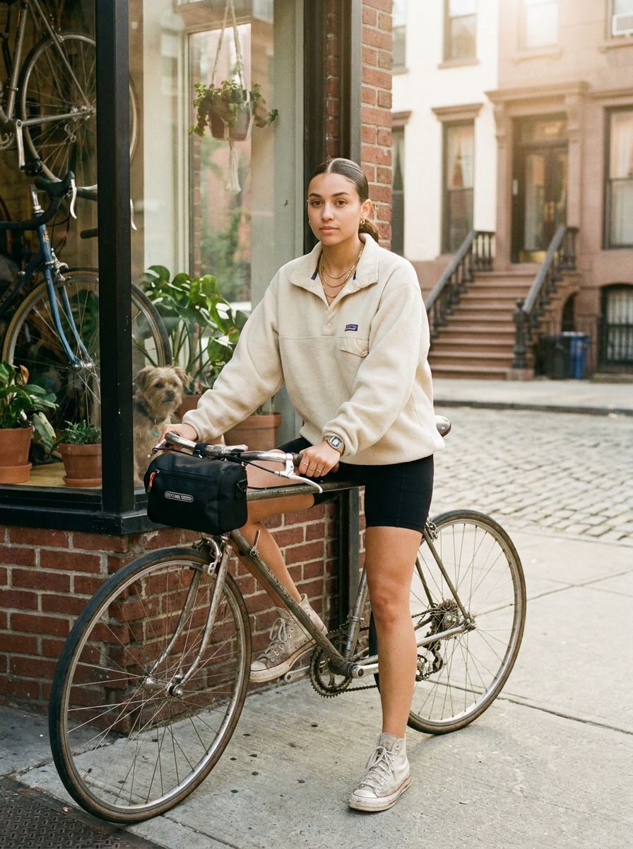 SKIPIKS AI 패션 화보 — sporty, casual, minimalist — 플리스 풀오버와 바이커 쇼츠가 어우러진 스포티한 스타일로, 편안하면서도 트렌디한 느낌을 줍니다. 손목시계와 악세서리를 함께 매치하면 감각적인 포