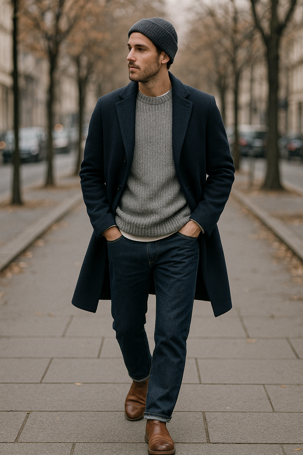 SKIPIKS AI fashion editorial — minimalist, casual, modern — 네이비 코트와 회색 니트의 조합이 모던하면서도 따뜻한 느낌을 줍니다. 진청 데님과 브라운 첼시 부츠로 캐주얼하면서도 세련된 분위기를 완성하세요.