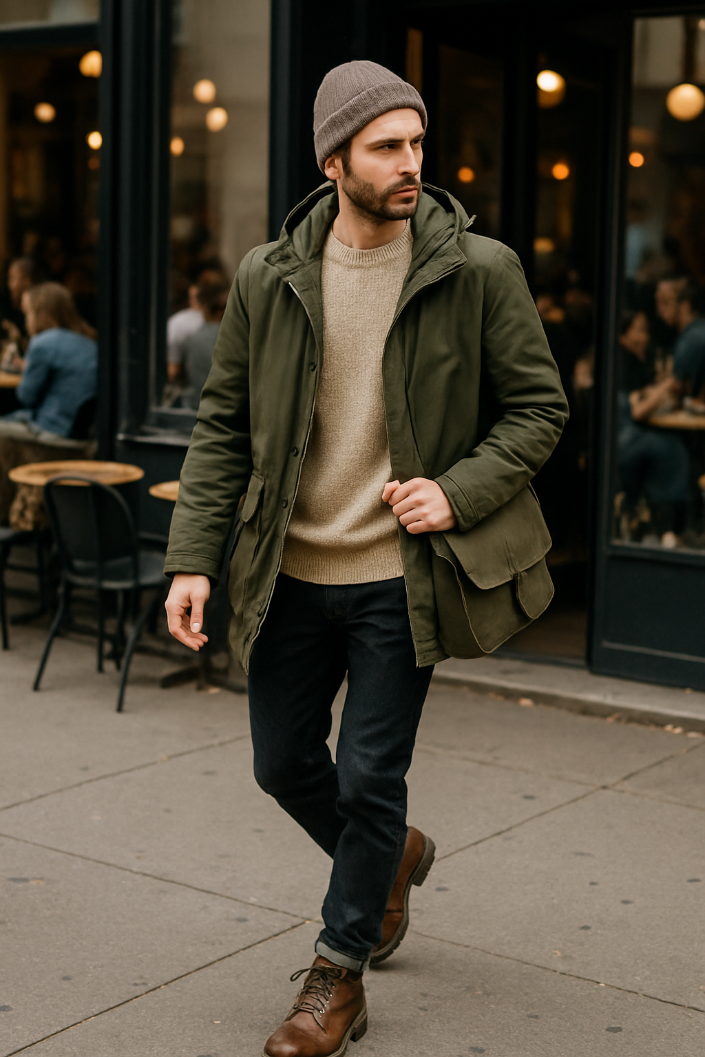 SKIPIKS AI时尚大片 — casual, urban — 카키 코트와 베이지 니트의 조화가 세련된 느낌을 주는 룩입니다. 청바지와 브라운 부츠를 매치해 캐주얼하면서도 실용적인 스타일을 완성해보세요. 가