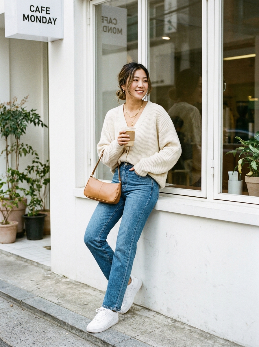 SKIPIKS AI 패션 화보 — casual, chic, comfy — 크림색 니트와 청바지의 편안하면서도 세련된 조합이 인상적인 룩입니다. 심플한 디자인의 크로스백과 흰색 운동화로 깔끔한 캐주얼 스타일을 완성해보세