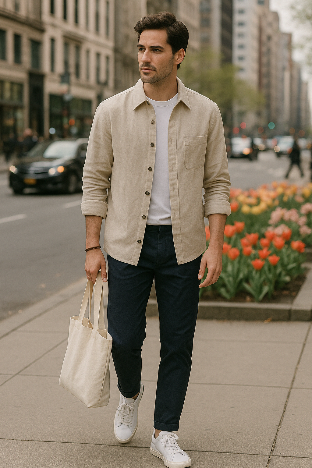 SKIPIKS AIファッション写真 — minimalist, casual — 베이지 톤 셔츠와 네이비 팬츠의 조합이 여유로운 봄날의 무드를 연출해요. 흰색 티셔츠와 스니커즈로 산뜻한 분위기를 더해보세요. 데일리룩이나 가벼