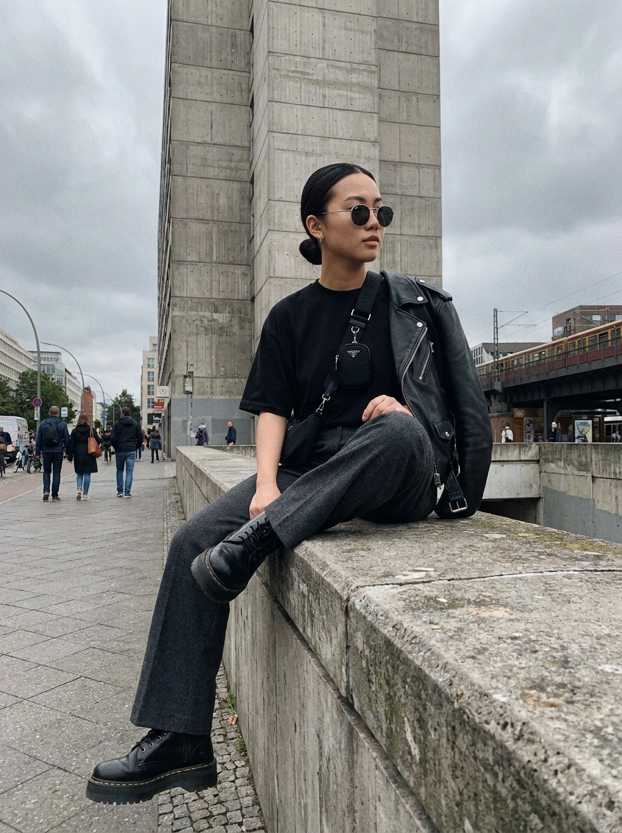 SKIPIKS AI fashion editorial — streetwear, minimalist — 올블랙 컬러와 가죽 재킷의 조합이 세련된 느낌을 주는 룩입니다. 여기에 회색 슬랙스로 깔끔함을 더해, 다양한 상황에서 활용하기 좋아요. 가벼운 