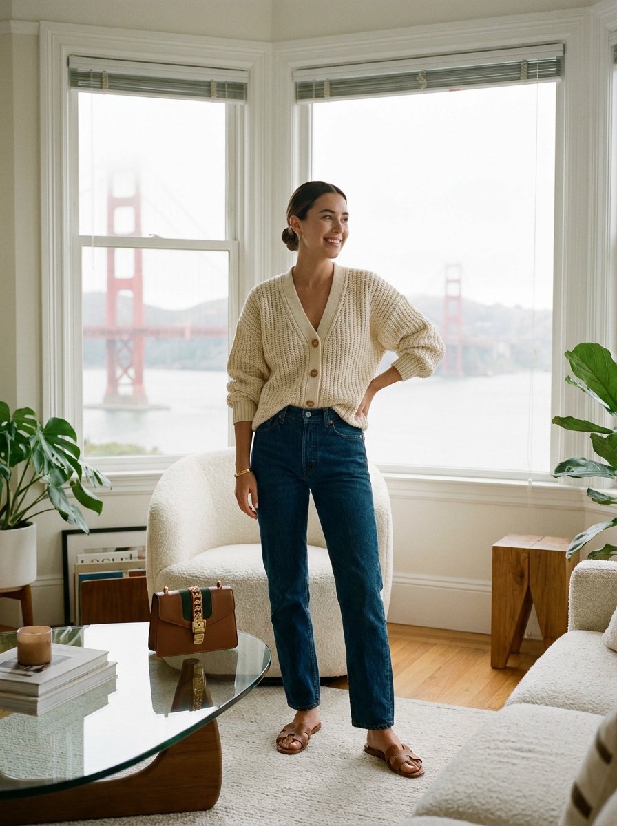 SKIPIKS AIファッション写真 — minimalist, casual — 부드럽고 따뜻한 분위기의 크림색 니트 가디건과 청바지가 어우러져 차분한 가을 무드를 느낄 수 있는 룩입니다. 가디건 안에 셔츠를 함께 레이어드하