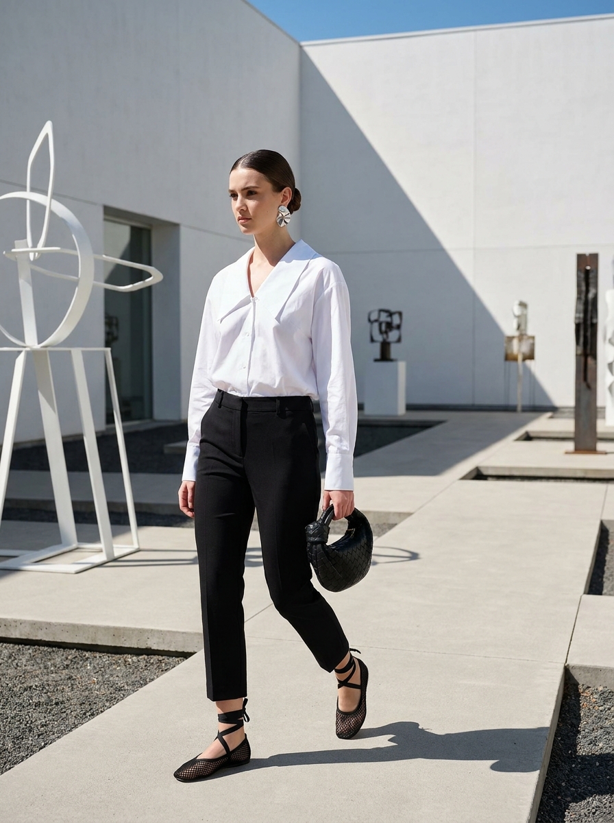 SKIPIKS AI fashion editorial — minimalist, chic, modern — 깔끔한 실루엣의 화이트 셔츠와 슬림한 블랙 팬츠로 모던한 무드를 연출해보세요. 실버 귀걸이와 구조적인 토트백으로 포인트를 주면 세련된 룩이 완성