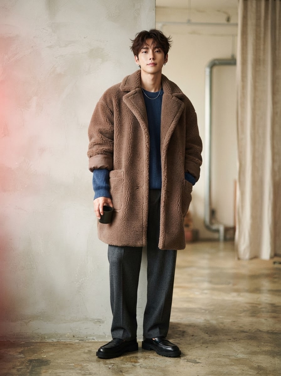 SKIPIKS AI 패션 화보 — casual, layered, cozy — 따뜻한 테디 코트와 블루 니트의 조화가 감각적인 무드를 완성합니다. 여유롭게 흐르는 실루엣의 그레이 슬랙스로 세련미를 더해보세요. 데일리 캐주얼