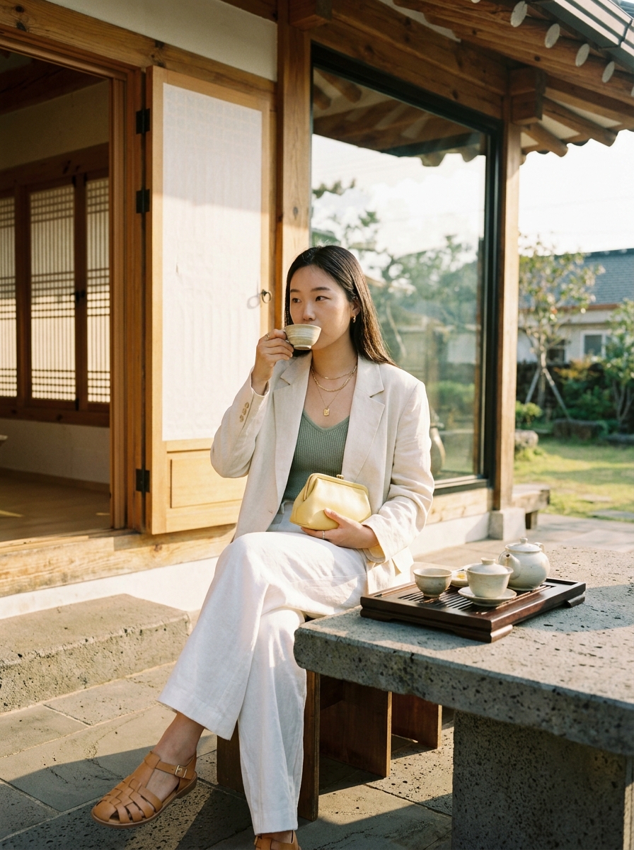 SKIPIKS AI时尚大片 — minimalist, casual — 크림 컬러의 자켓과 민소매 니트가 어우러져 내추럴한 분위기를 연출해요. 가벼운 샌들과 골드 클러치로 세련된 여름 룩을 완성해보세요. 데일리 룩으