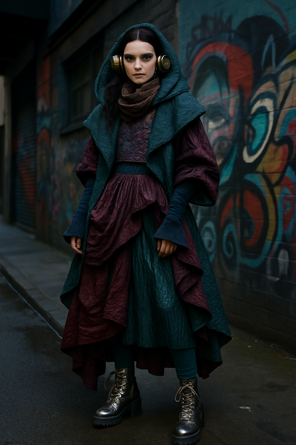 SKIPIKS AIファッション写真 — gothic, streetwear — 고딕한 무드와 스트리트 감성이 어우러진 유니크한 느낌의 룩입니다. 깊은 컬러의 자켓과 드레스로 시선을 사로잡으며, 실버 부츠로 포인트를 더해보세