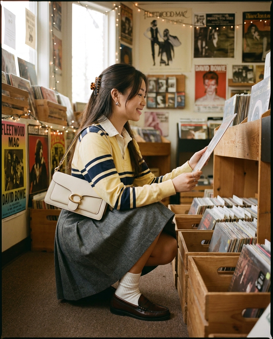 SKIPIKS AIファッション写真 — preppy, vintage — 노란색 스트라이프 폴로 셔츠와 회색 플레어 치마가 조화롭게 매치된 프레피 룩입니다. 앤틱한 갈색 로퍼와 아이보리숄더백으로 클래식한 무드를 강화해
