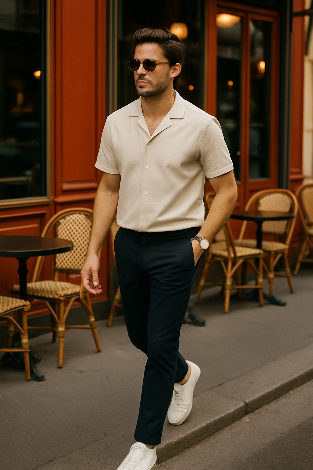 SKIPIKS AI时尚大片 — minimalist, chic — 베이지 셔츠와 네이비 바지의 조합이 깨끗하고 세련된 무드를 연출합니다. 심플한 아이템들로도 충분히 스타일리시한 룩을 완성할 수 있어요. 봄철 데