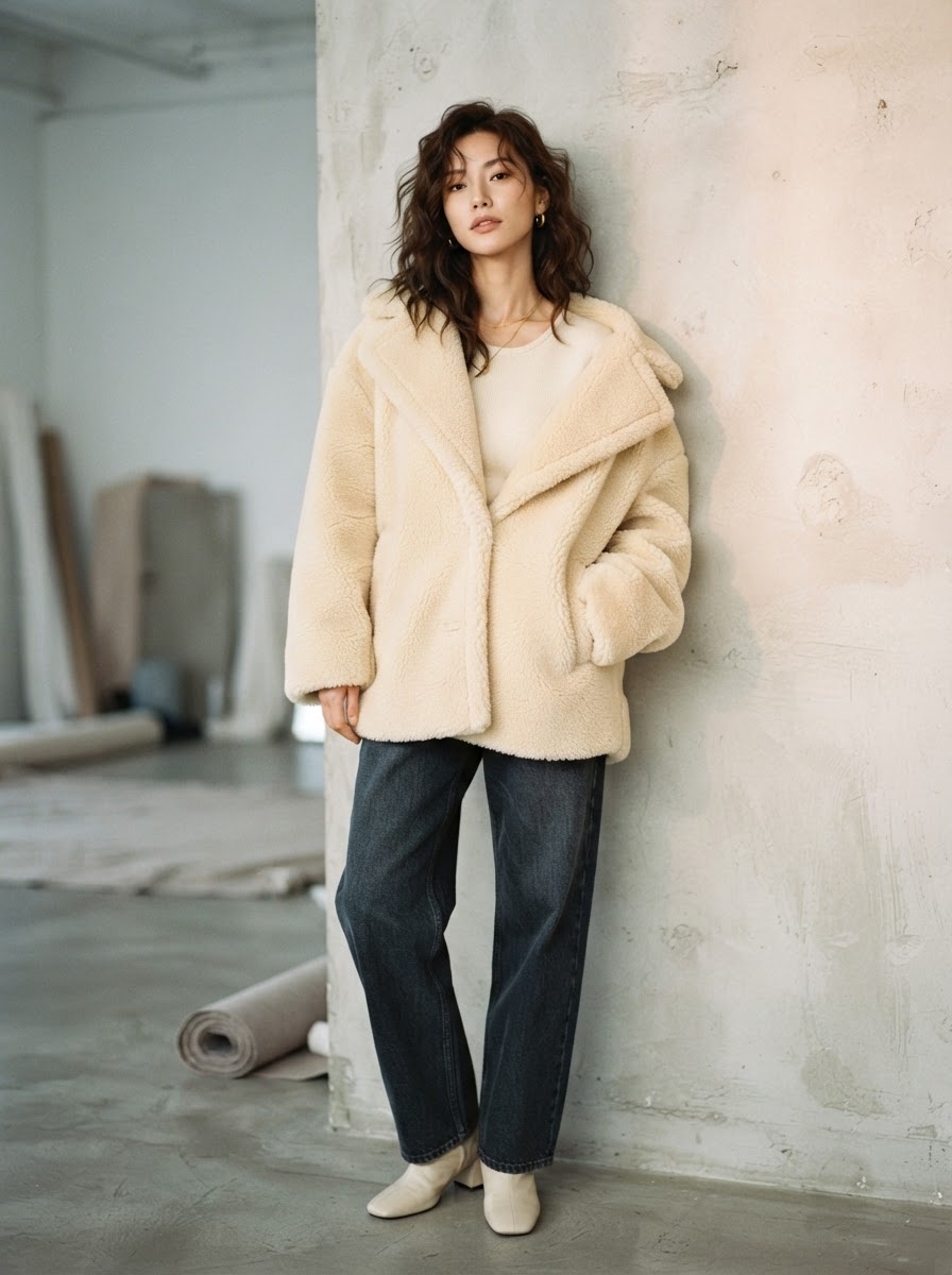 SKIPIKS AI 패션 화보 — casual, chic — 포근한 테디 베어 코트와 크림색 니트가 고급스러우면서도 자연스럽게 어우러지는 스타일입니다. 이런 코디는 인디고 블루 데님과 크림색 앵클 부츠와 