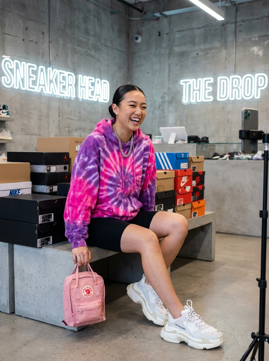 SKIPIKS AI fashion editorial — streetwear, casual, sporty — 타이다이 패턴의 핑크 후드티가 경쾌한 스트리트 무드를 자아내요. 여기에 블랙 바이크 쇼츠와 화이트 스니커즈로 스포티한 룩을 완성했어요. 일상에서