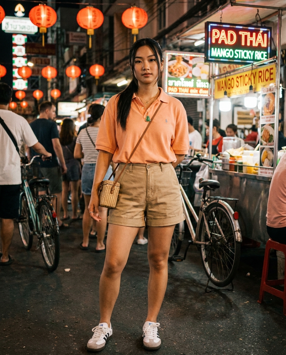 SKIPIKS AI 패션 화보 — casual, streetwear — 오렌지색 폴로 셔츠와 베이지 반바지의 조합이 여유롭고 편안한 여름 분위기를 연출해요. 스니커즈와 크로스백으로 캐주얼하면서도 가볍게 포인트를 주기