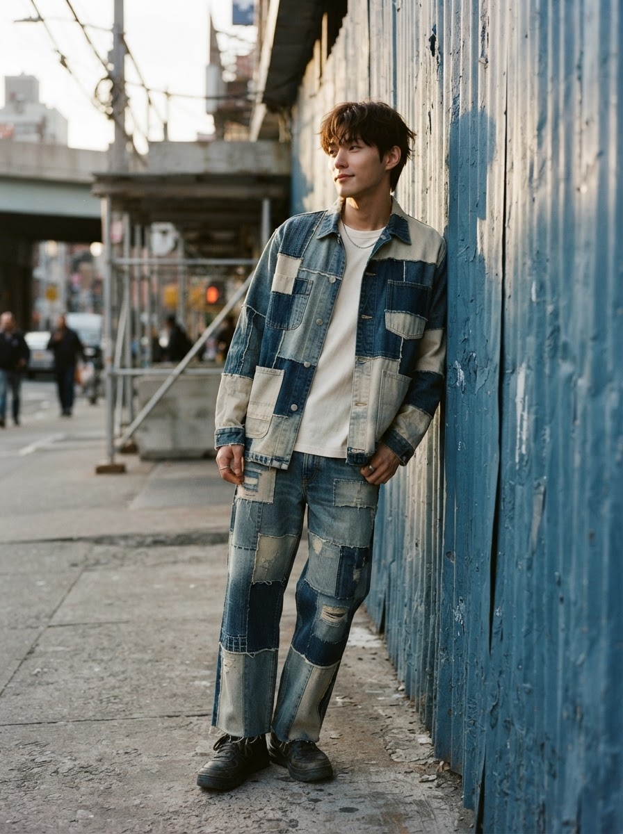 SKIPIKS AI fashion editorial — streetwear, casual — 다양한 패치가 돋보이는 데님 소재로 감각적인 스트리트 룩을 완성해보세요. 화이트 티셔츠와 블루 데님 자켓의 조화가 명쾌하며, 블랙 스니커즈로 마