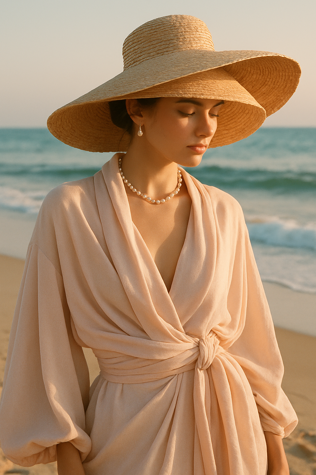 SKIPIKS AI fashion editorial — feminine, elegant — 따스한 해변에서 우아함이 느껴지는 룩이에요. 베이지 컬러의 로브 가운과 진주 목걸이가 조화를 이루며, 고급스러운 분위기를 연출해보세요. 여름 바