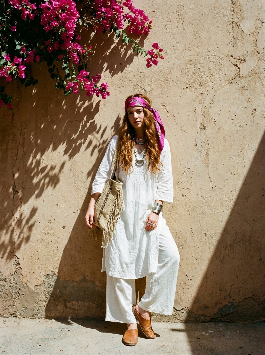 SKIPIKS AI 패션 화보 — bohemian, vintage — 러블리한 핑크 스카프가 포인트인 보헤미안 스타일 룩이에요. 화이트 컬러의 맥시 드레스는 자연스럽게 흐르는 실루엣으로 여유로운 무드를 연출해보세요