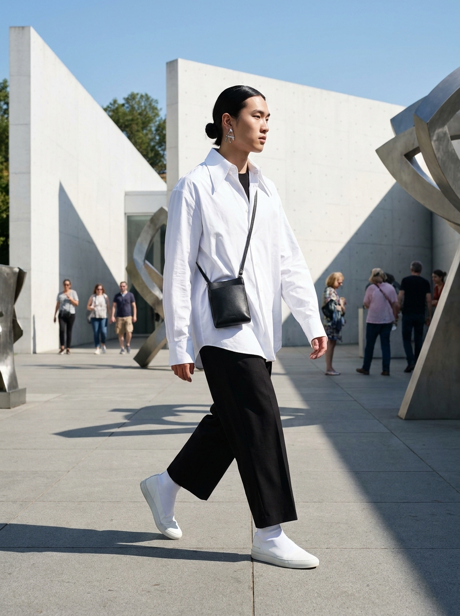 SKIPIKS AI fashion editorial — minimalist, modern — 모던하고 세련된 미니멀룩을 완성하는 흰색 셔츠와 검은색 팬츠의 조화가 인상적입니다. 크로스백을 매치해 실용성과 스타일을 동시에 잡아보세요. 가볍