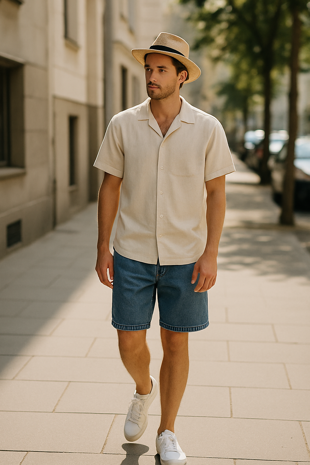 SKIPIKS AI fashion editorial — casual, summer — 베이지 셔츠와 블루 데님 반바지가 만들어내는 조화로운 컬러감이 여름의 산뜻한 느낌을 더해줍니다. 스트로 해트와 화이트 스니커즈로 경쾌하고 자연스