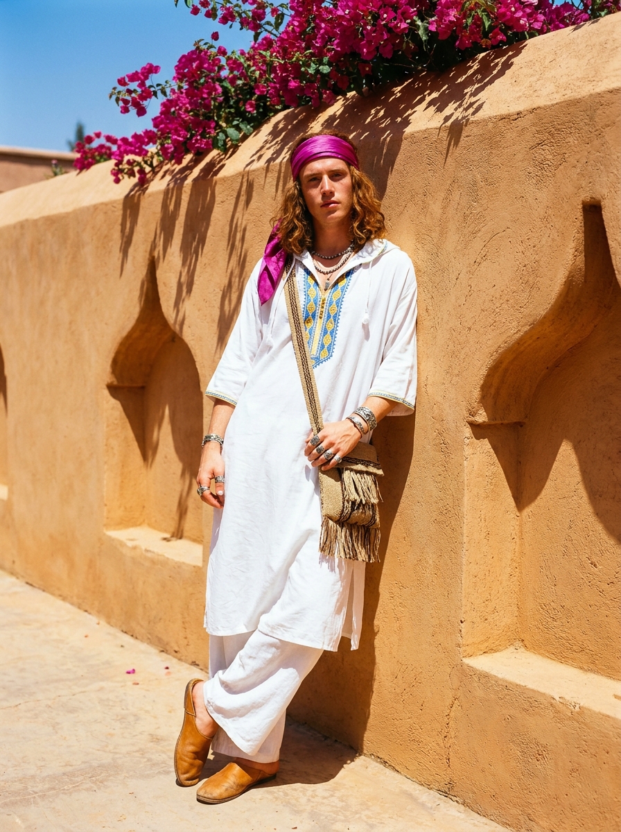 SKIPIKS AIファッション写真 — bohemian, ethnic — 이 룩은 보헤미안 감성을 자극하는 에스닉한 무드가 돋보입니다. 자수 디테일이 돋보이는 흰색 드레스와 헐렁한 바지가 여유로운 느낌을 줍니다. 자주